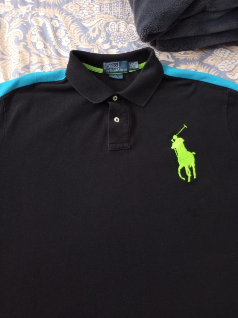 3 Polo Ralph Lauren Black Polo with Neon Green Pony & Teal Shoulder Stripe